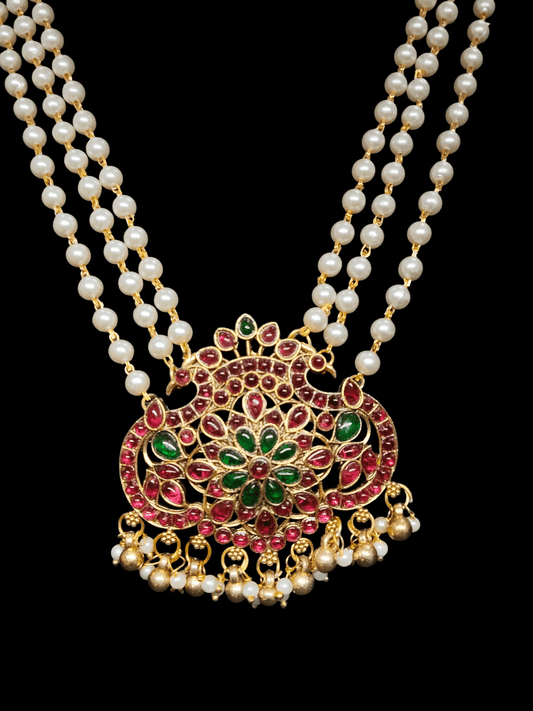 Rajwadi PearlBloom Premium Quality 3 Layered Beautiful and Elegant Pearl Mid Length Haram/Chain
