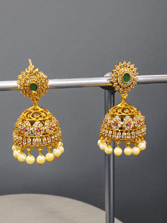 Saanvi Shine Anaya Drops Premium Quality AD Stoned 22k Gold Plated Multi Color Jhumka