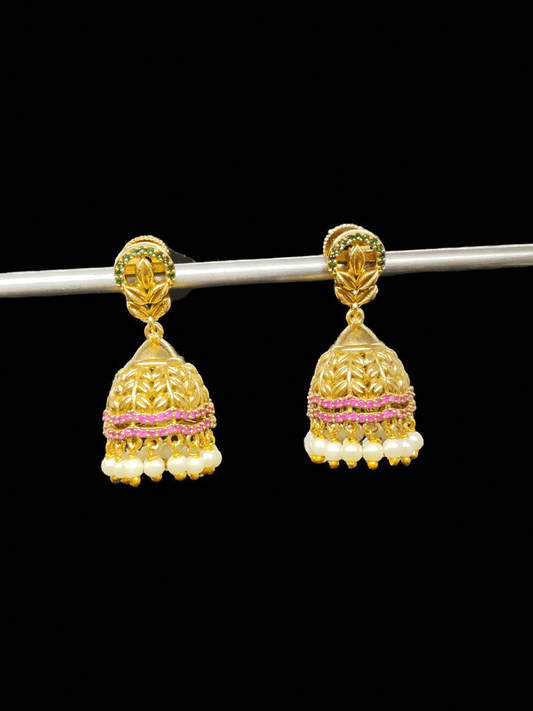 Temple Flora Premium Quality Ruby and Emerald Stoned 22k Gold Plated Jhumka