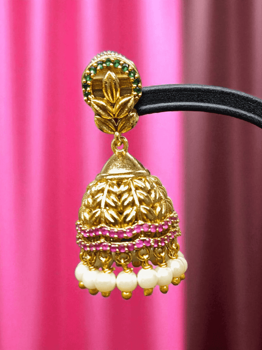 Temple Flora Premium Quality Ruby and Emerald Stoned 22k Gold Plated Jhumka