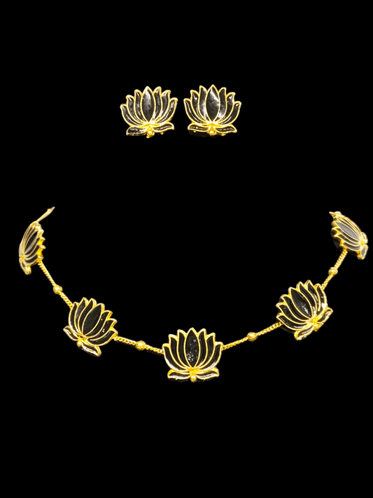 LotusAura Trendy Lotus Designed Budget Friendly Black Color Necklace Set