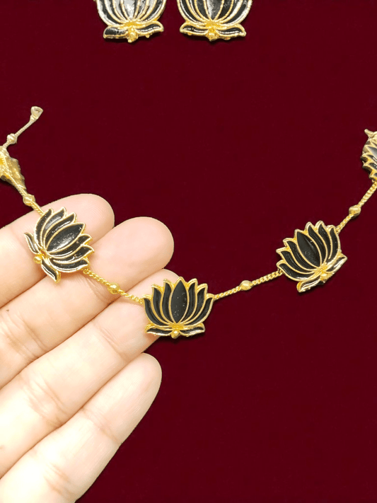 LotusAura Trendy Lotus Designed Budget Friendly Black Color Necklace Set