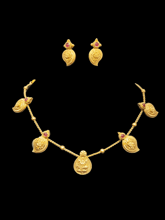 Rajsi Charm Premium Quality Budget Friendly Mango Designed Ruby Stoned Necklace Set