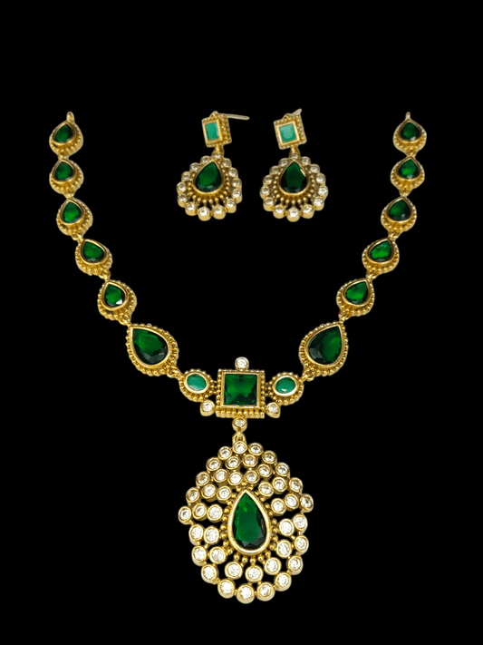 Green Pendent Haram Premium Quality Simple and Stylish Antique Gold Plated Necklace Set with AD Stone
