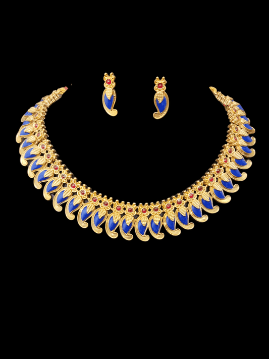 Peacock Petal Collar Trendy and Stylish Mango Design Traditional Blue Color Necklace Set