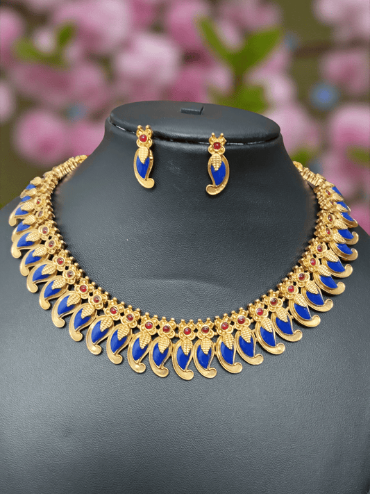 Peacock Petal Collar Trendy and Stylish Mango Design Traditional Blue Color Necklace Set
