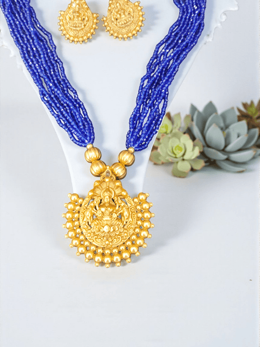Sapphire Strand Goddess Sugar Beaded Lakshmi Devi Pendant Traditional Necklace Set