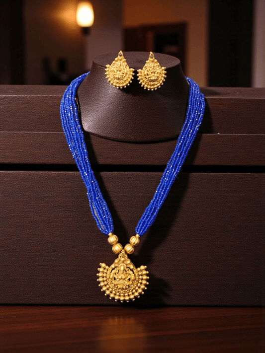 Sapphire Strand Goddess Sugar Beaded Lakshmi Devi Pendant Traditional Necklace Set