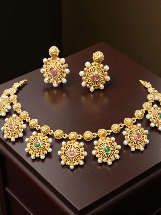 Enchanted Beautiful And Elegant Treading Traditional Pearl Floral Necklace Set