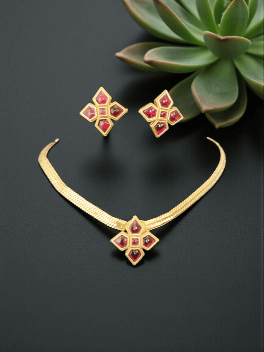 Geometric Glamour Mat finish 22k Gold Plated Attigai Traditional Necklace Set