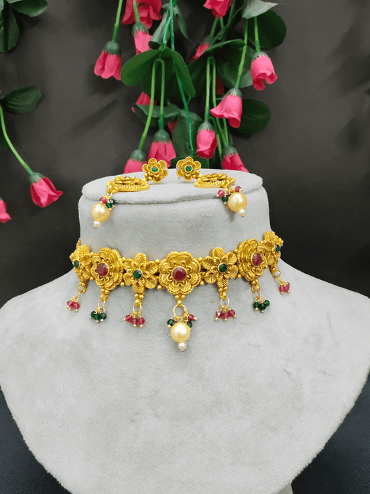 Sanjeeta Floral Ruby Premium Quality Mat finish Antique Traditional Choker Set