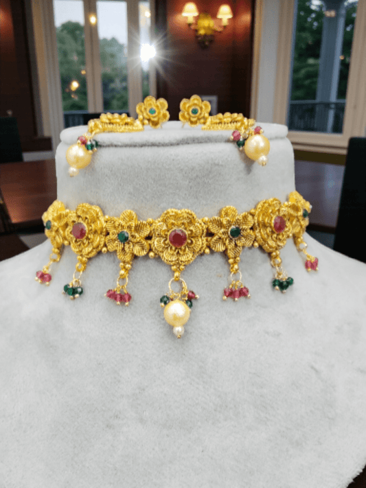 Sanjeeta Floral Ruby Premium Quality Mat finish Antique Traditional Choker Set
