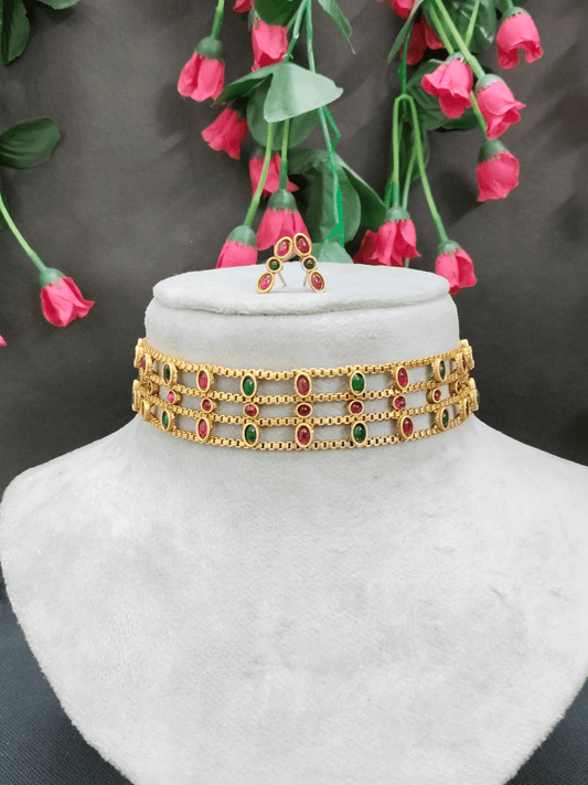 Heritage Multi-Stone Beautiful 22k Gold Plated Mat finish Antique Choker Set