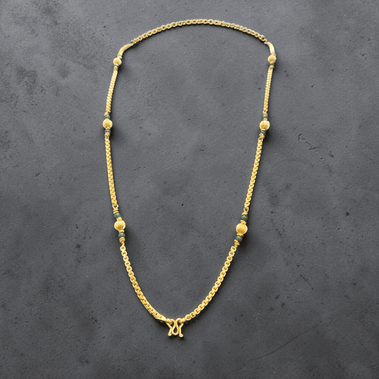 Tulasi Bead 22k Gold Plated Premium Quality Traditional Long Golden Essence Chain With Green Beads