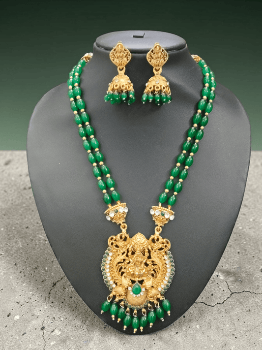 Royal Mayura Antique 22K Gold Plated Mid Length Beaded Traditional Lakshmi Necklace Set