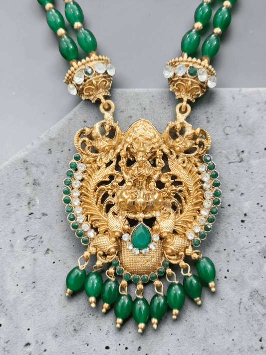 Royal Mayura Antique 22K Gold Plated Mid Length Beaded Traditional Lakshmi Necklace Set