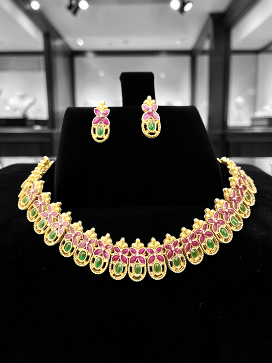Blushing Golden Petal Blossom Premium Quality Antique Finish Traditional Magenta Color Necklace Set