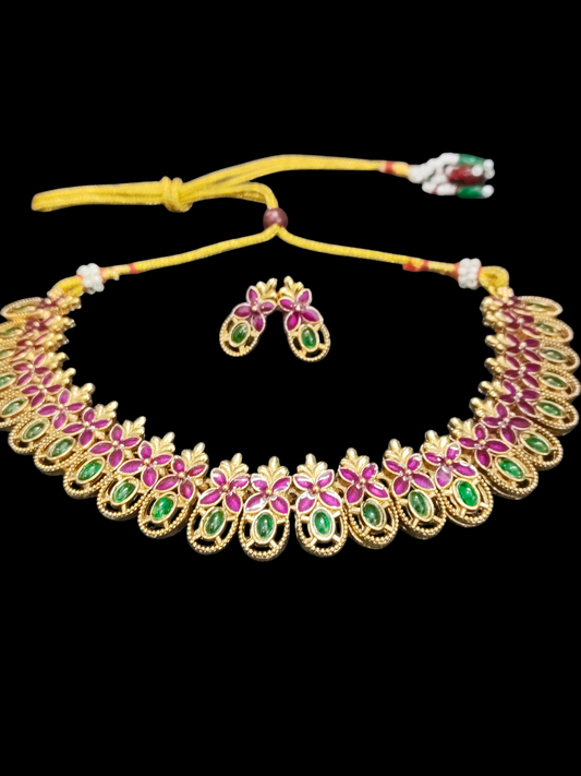Blushing Golden Petal Blossom Premium Quality Antique Finish Traditional Magenta Color Necklace Set