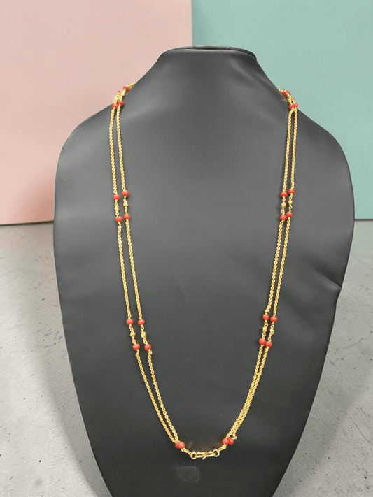 Sri Laxmi Long Double Layered 22k Gold Plated Necklace with Orange Coral Beads