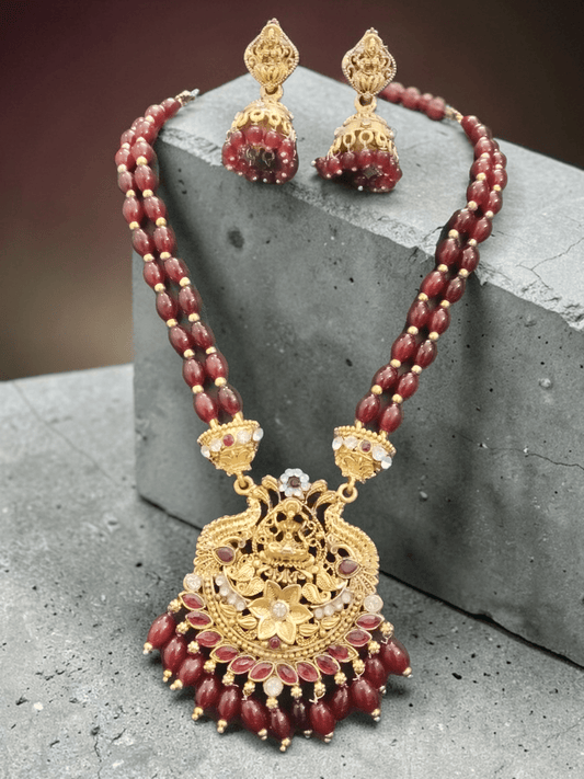 Maroon Majesty Premium Quality Antique Gold Finished Traditional Lakshmi Haram Set