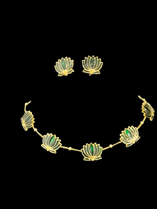 Lotus Flower Budget Friendly Trending and Traditional Ethnic Gold Plated Necklace Set In Green