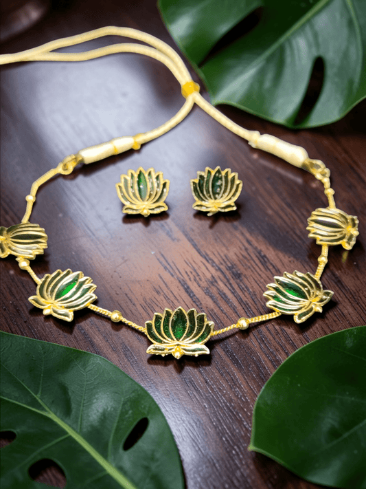 Lotus Flower Budget Friendly Trending and Traditional Ethnic Gold Plated Necklace Set In Green