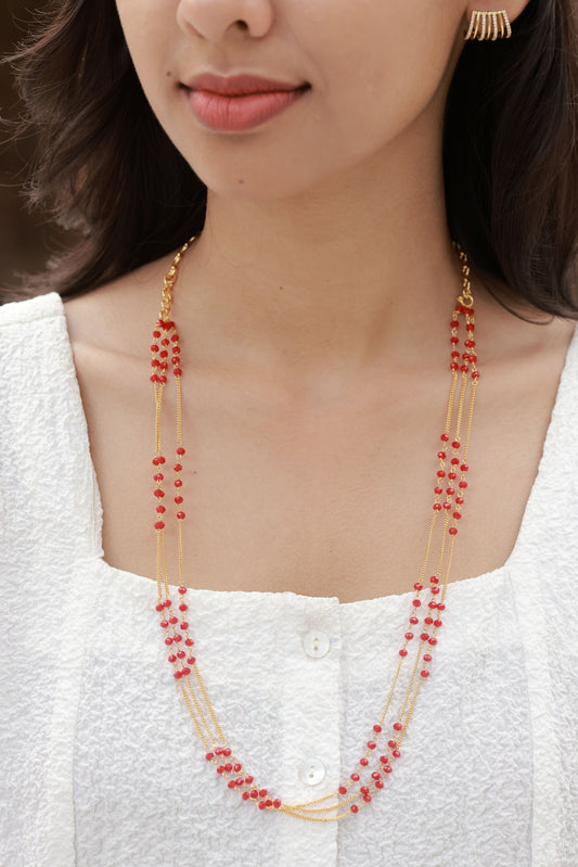 Kumudini Premium Quality 3 Layered Mid Length Red Color Cristal Beaded Beautiful Chain