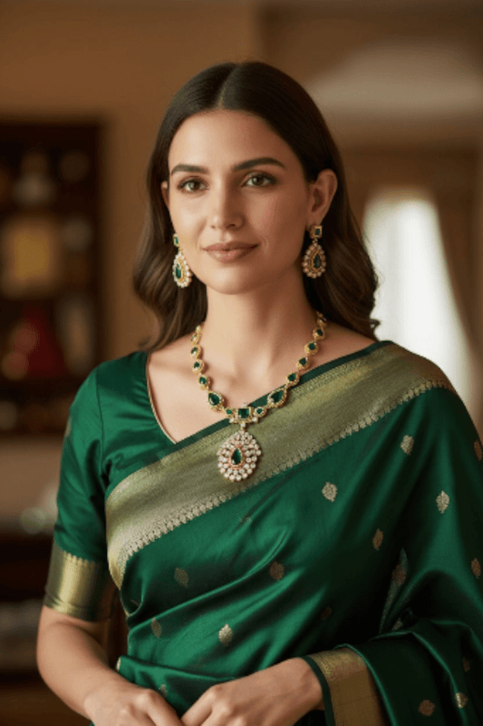 Green Pendent Haram Premium Quality Simple and Stylish Antique Gold Plated Necklace Set with AD Stone